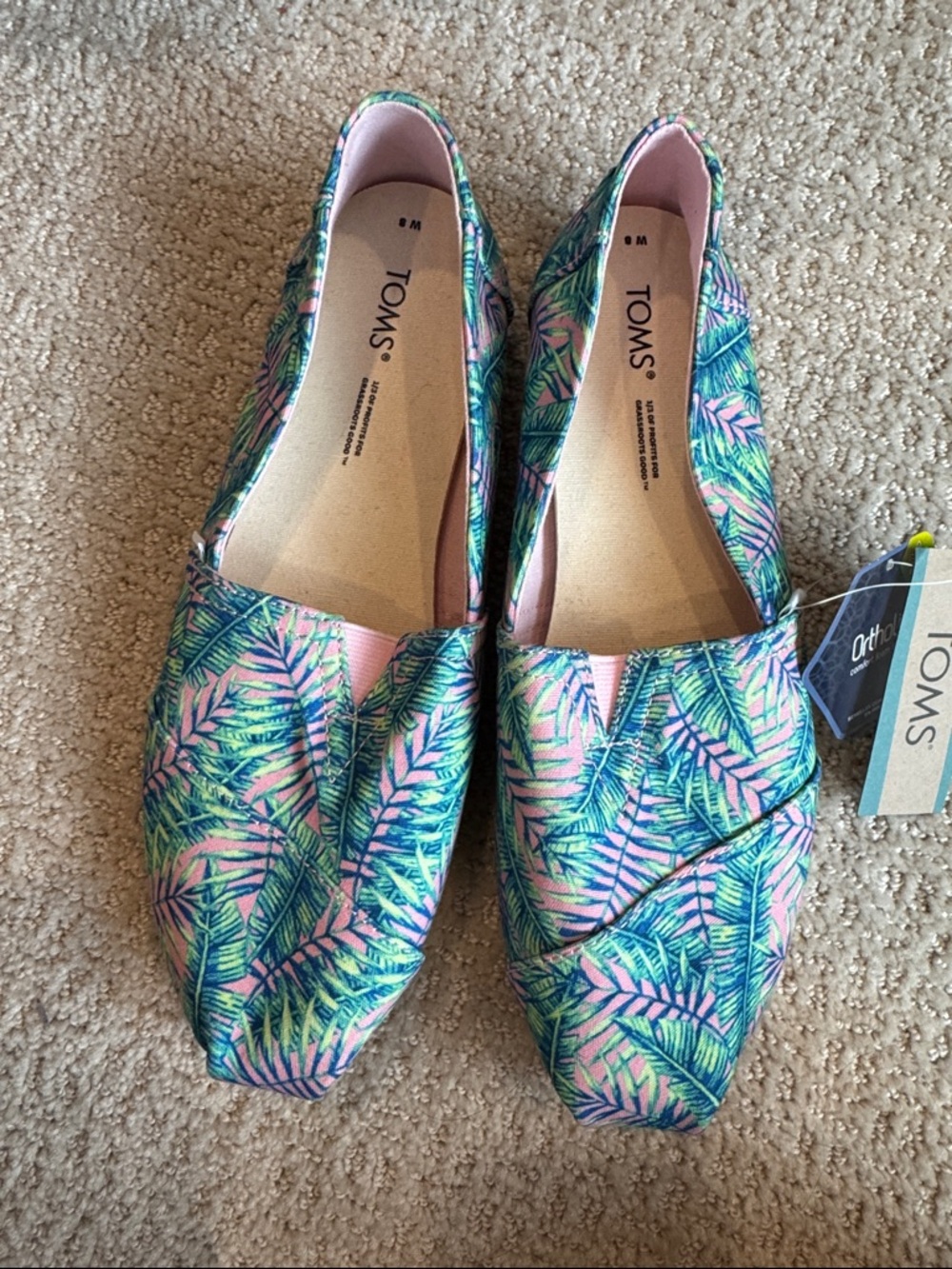 TOMS Tropical Leaf Print Slip-On Flats in Pink & Green